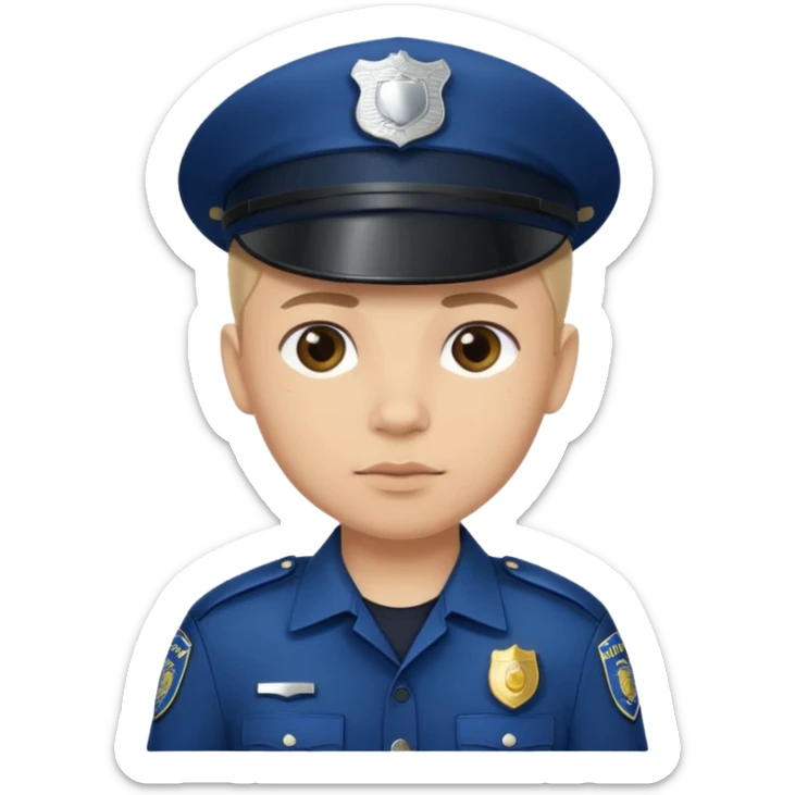 This is a cartoon-style avatar of a police officer with light skin, wearing a dark blue cap featuring a silver badge, and showing a neutral expression. sticker