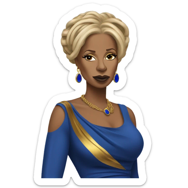 Shrugging Mary j blige with blue and gold locs wearing a royal blue and gold dress  sticker