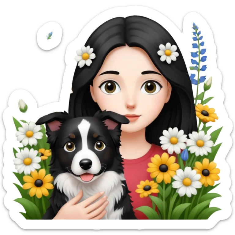 A girl is holding a black and white border collie in the flowers sticker
