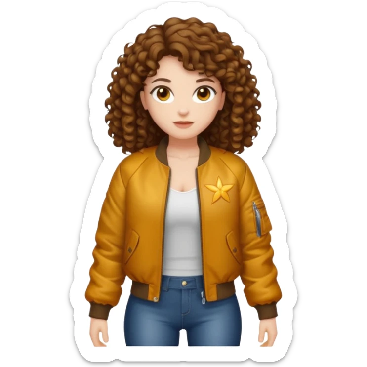 full body woman short curly brown mullet brown eyes white skin muscular build firefly bomber jacket sticker