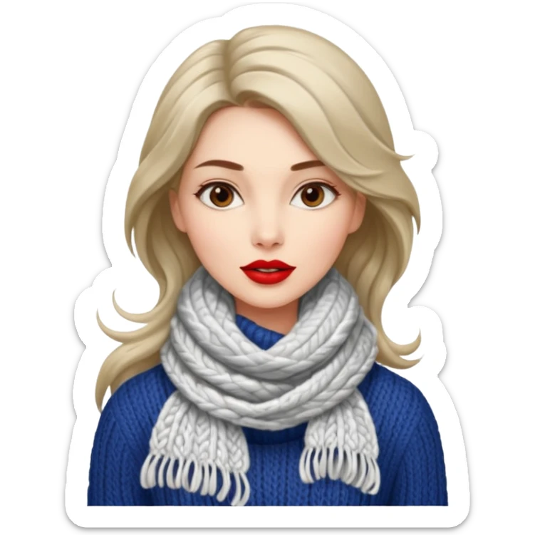 A stylish woman in a long and knitted scarf, hair flowing in the winter breeze. sticker