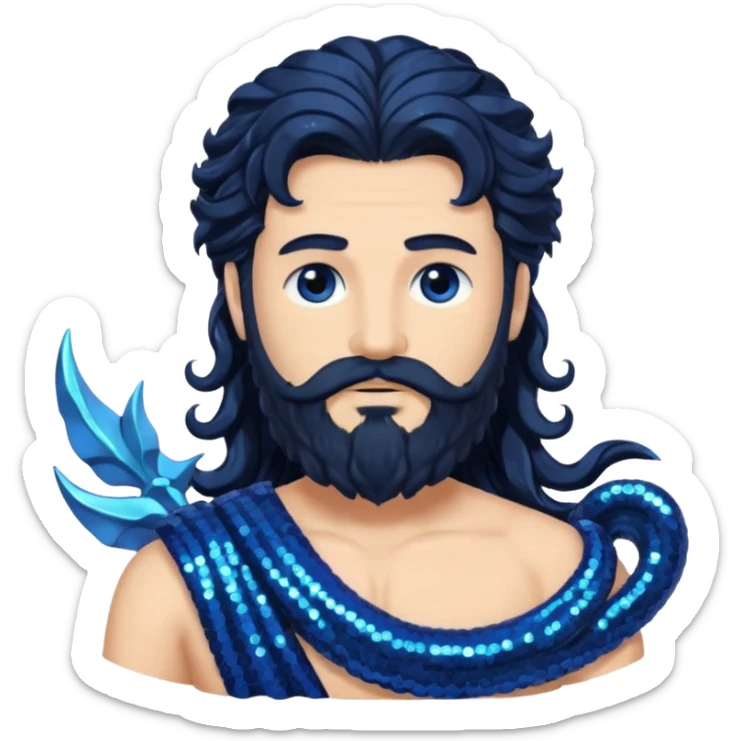 Neptune, God of Sea from Roman Deities with long jet black wavy hair and beard, dark blue sequin toga sticker