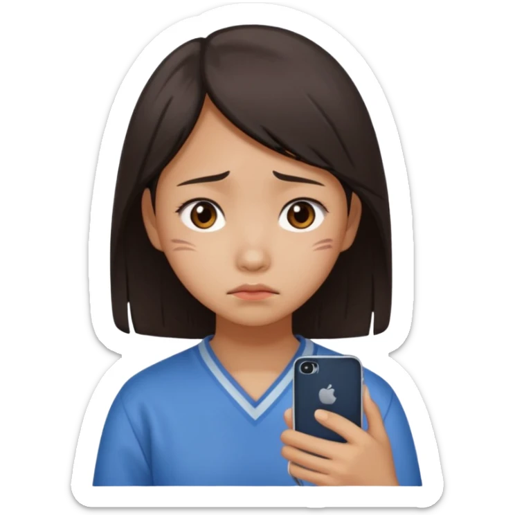 chinese teenage female having Heartbreak - feeling of deep sadness when love ends - holding cellphone sticker