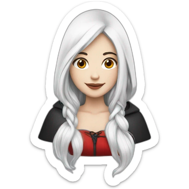 White girl long straight black hair with white streak hair and red ridding hood sticker