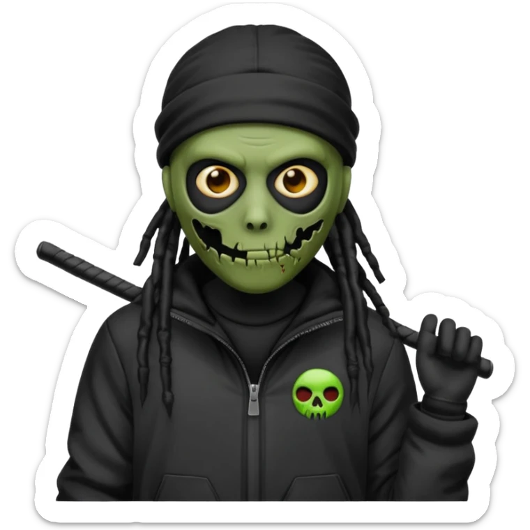 a zombie emoji with black dreads and a black nike jacket and black nike ski mask on his head sticker
