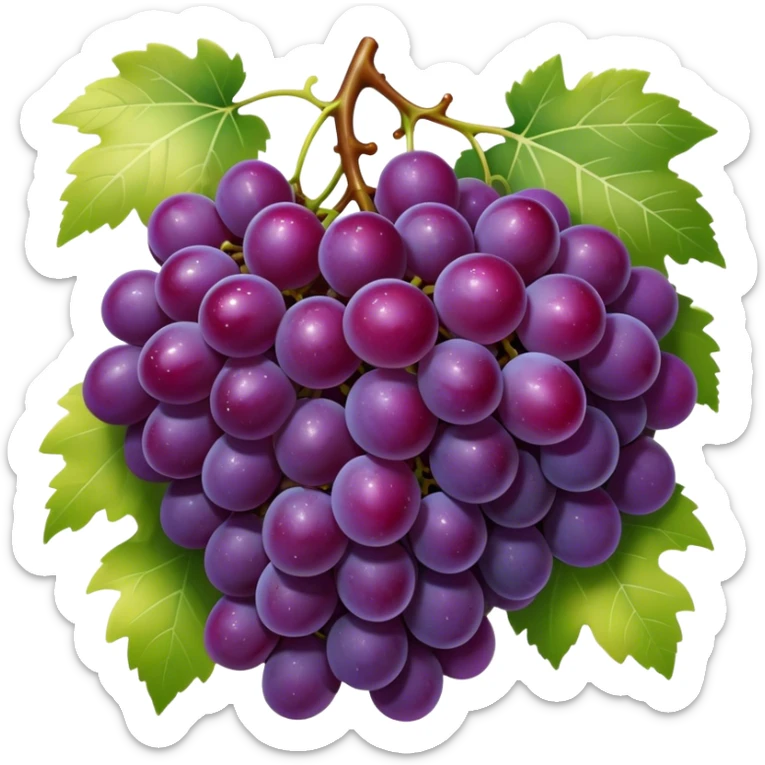 Cinematic glossy purple grapes, plump and dewy, gathered in a beautiful cluster, deep rich hues, ultra-detailed, fresh and juicy, soft glowing light. sticker