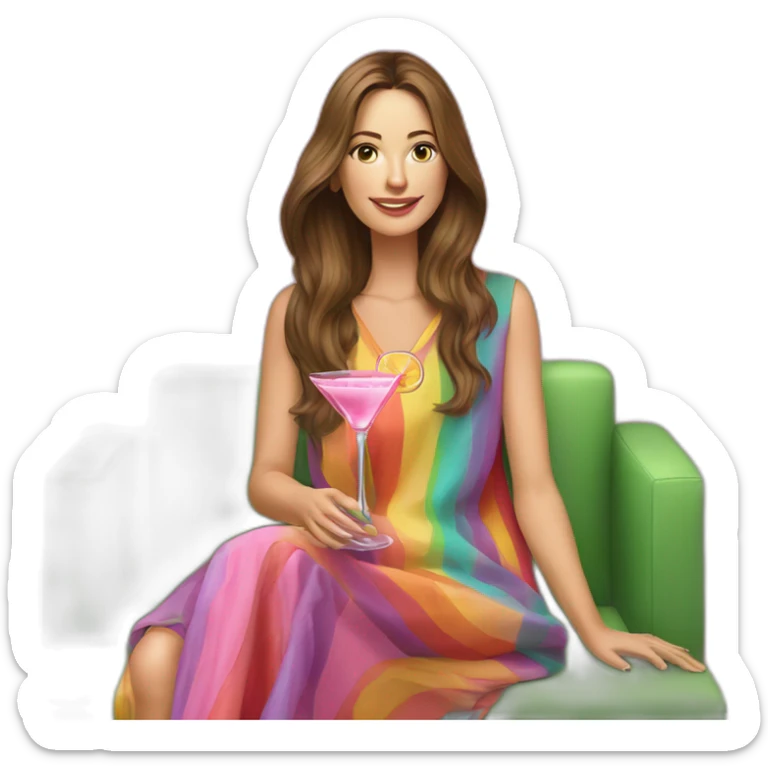 Caucasian woman with long brown hair sitting on a couch in front of a light green wall in a rainbow striped caftan holding a pink cocktail sticker