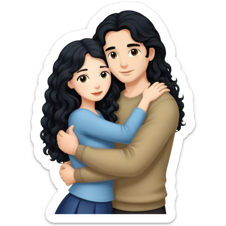 Beautiful woman with long black hair, hugging a man with long curly black hair sticker