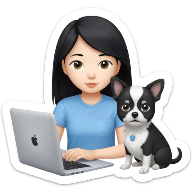 Asian girl with long black hair, wearing a light blue t-shirt, working on an Apple laptop, beside a small black and white dog sticker