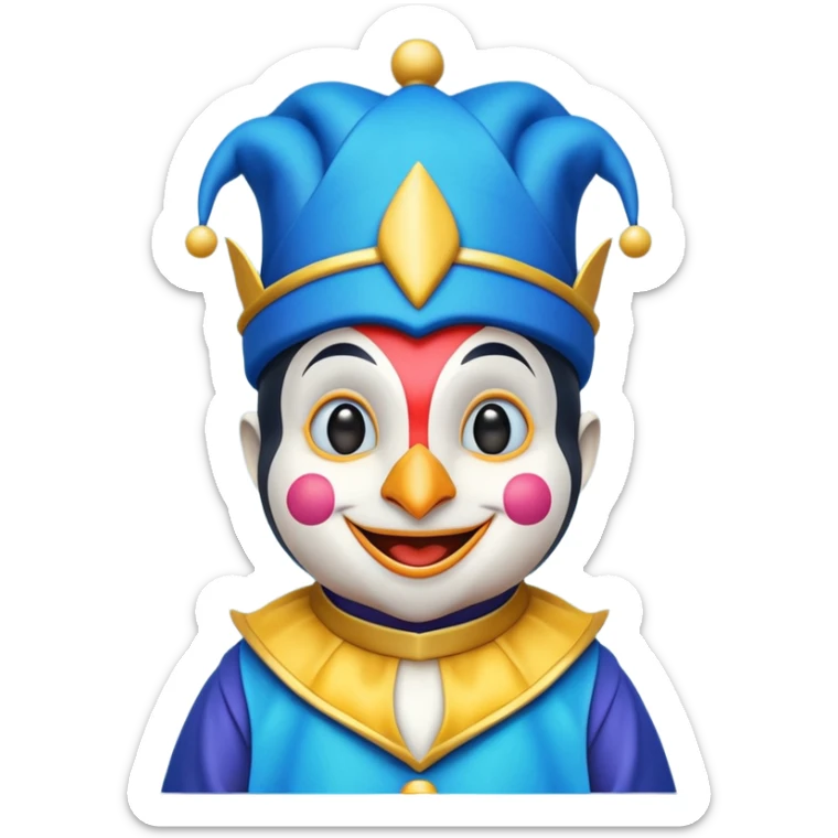 crazy colorful cute little penguin jolly joker, medieval, vintage, court jester, mac os icon, blue color sticker
