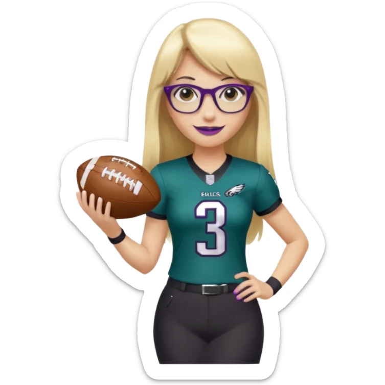 full length women wearing eagles uniform, long blonde hair, straight bangs, black glasses, holding football, number 33, smiling, purple lipstick sticker