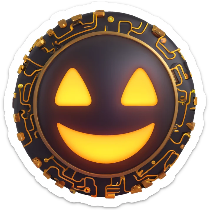 menacing 3D emoji with cyberpunk details, glowing circuitry, dark metallic finish sticker