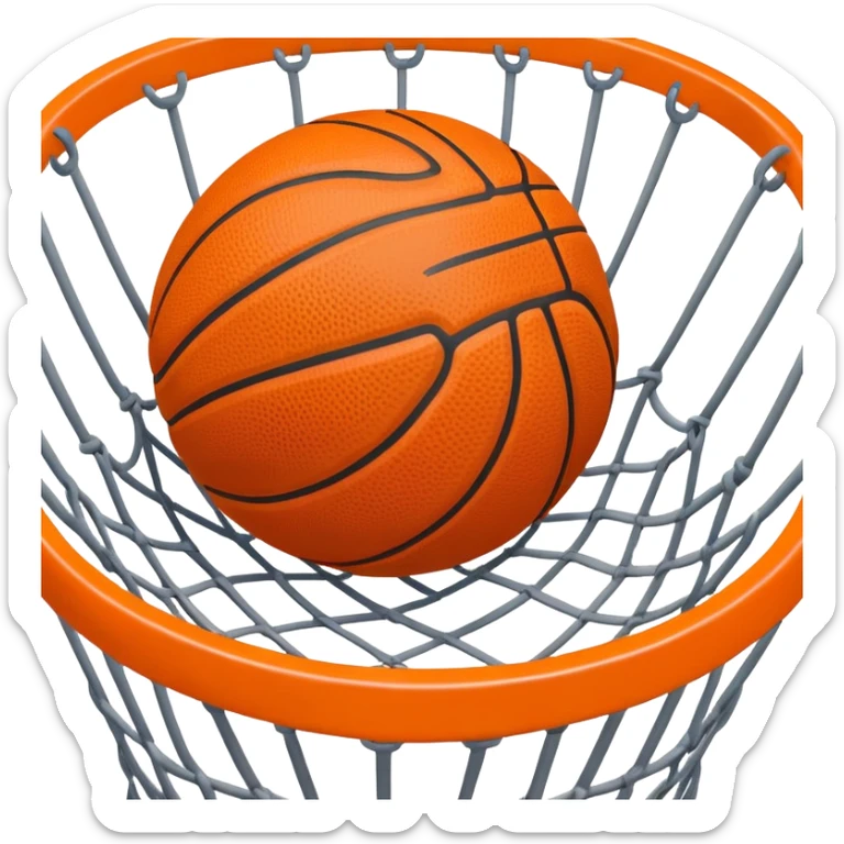 Top-down view of basketball pushing through center of net, iOS emoji style sticker