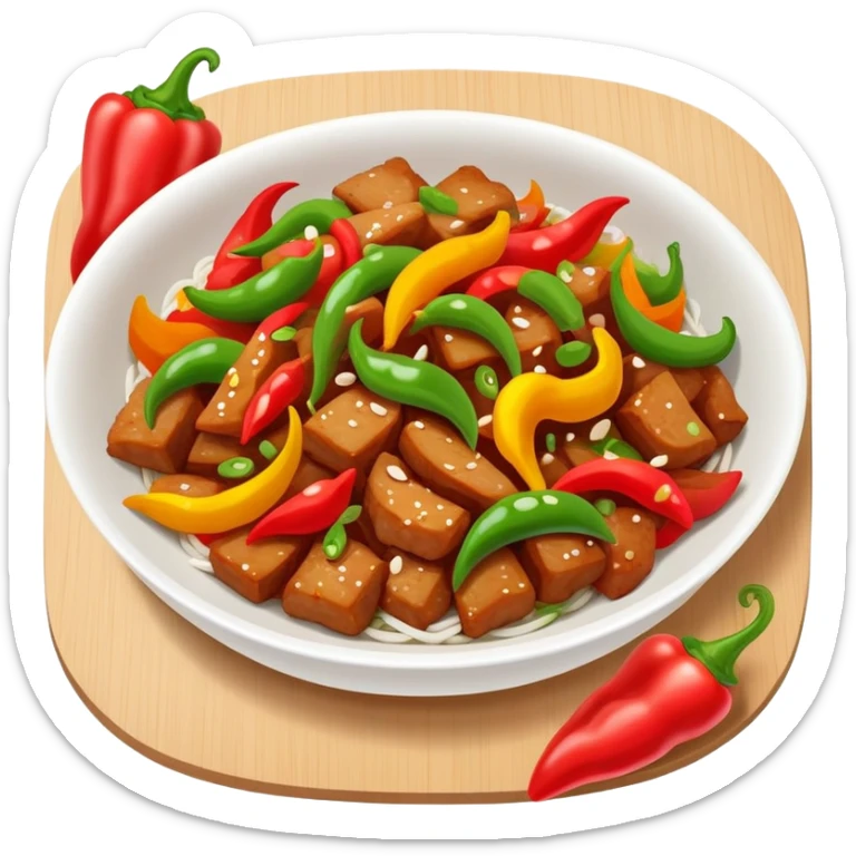 Hunan spicy stir-fried pork with colorful peppers, simplified emoji style with bold outlines and bright colors, cartoon style Chinese spicy dish sticker