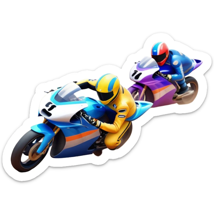 A sleek racing car and motorcycle speeding on a track, leaving a trail of dust behind. The scene captures the thrill of high-speed competition, with blurred motion and vibrant colors, highlighting the dynamic energy of motorsport. sticker