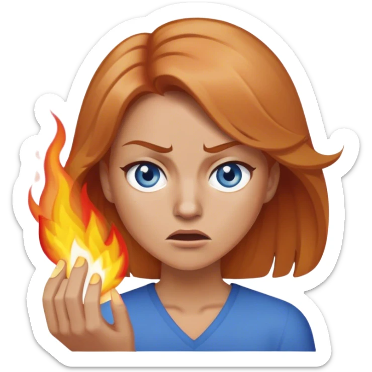 woman with below shoulder length strawberry blond hair and blue eyes angrily setting fires sticker