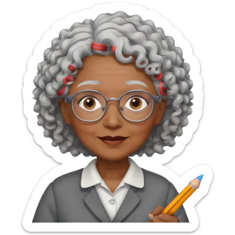 old woman teacher, brown skin, curly grey white hai, wearing glasses, hold chalk on hand sticker