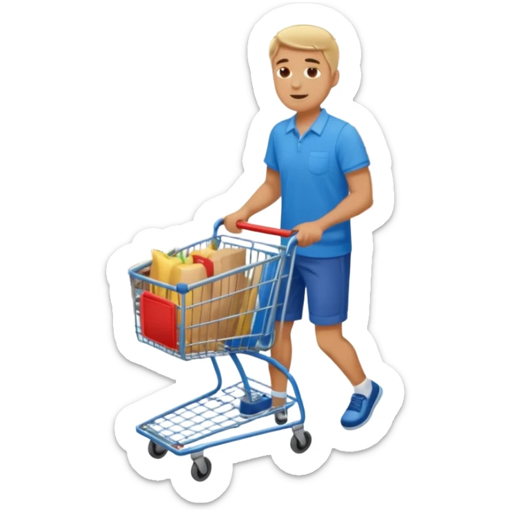 full body of a man pushing a shopping cart inside a supermarket sticker