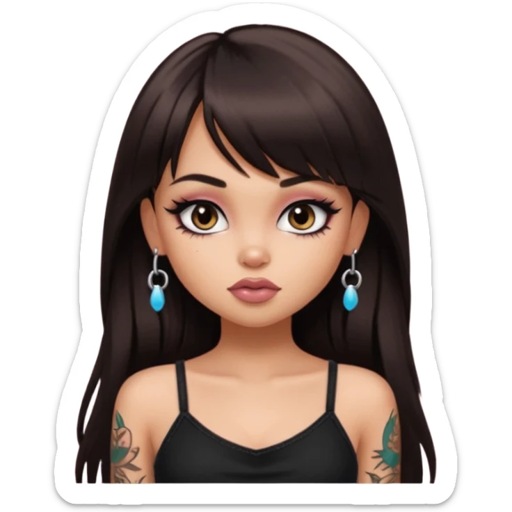 generate a pretty bratz girl in black cami top, dark brown straight long hair with bangs, eyeliner on, with tattoos sticker