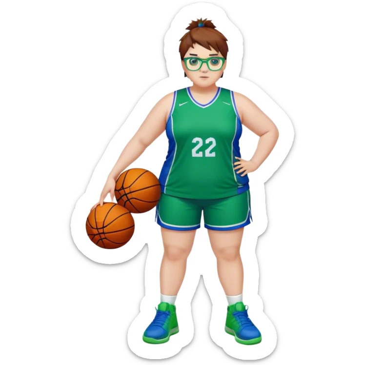 Full Body white plus size Girl with basketball spikey short brown HAIR wearing blue glasses with green eyes wearing blue and green basketball uniform PLAIN WITH GREEN SHOES sticker