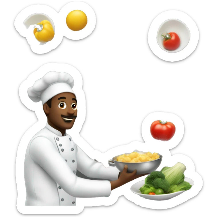 the cook is cooking, vegetables and fruits are flying above him and near him sticker