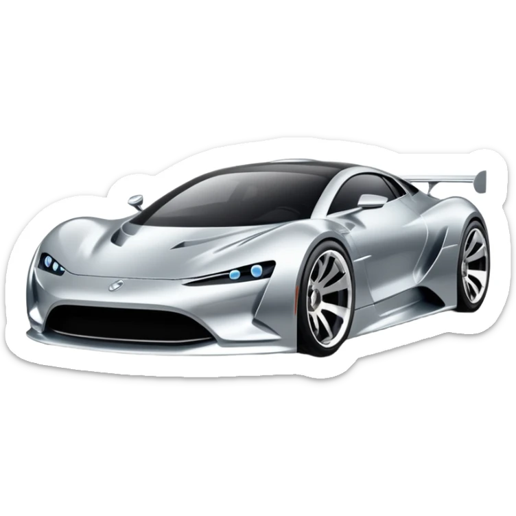 A low-profile futuristic car emoji made of polished silver chrome, wide body stance, smooth aerodynamic shape, glossy metallic surface, soft reflections, luxury swag aesthetic, minimal details, iOS emoji style, centered on clean white background, studio lighting sticker