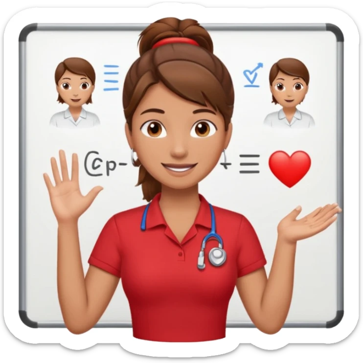 Happy instructor female brown hair whit board hair up red shirt add CPR to white board sticker