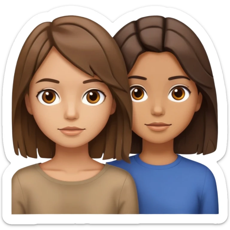 two girls, one with chin-length brown hair, tousled and layered, tan skin; the other with shoulder-length straight brown hair, tan skin sticker