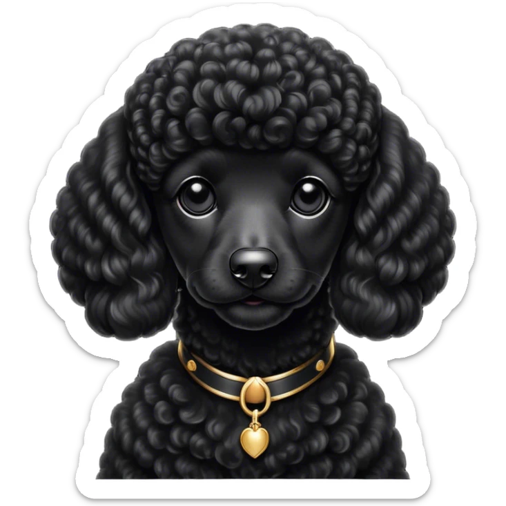 Cinematic Noble Black Poodle Portrait Emoji, Poised and regal, with a refined, elegant build and a meticulously groomed, curly jet-black Fur, deep-set soulful dark eyes, Simplified yet sharp and sophisticated features, highly detailed, glowing with a soft, dignified glow, high shine, intelligent and graceful, stylized with an air of sophistication, focused and attentive, soft glowing outline, capturing the essence of a watchful and confident companion, so majestic it feels as though it could prance out of the screen with effortless authority! sticker