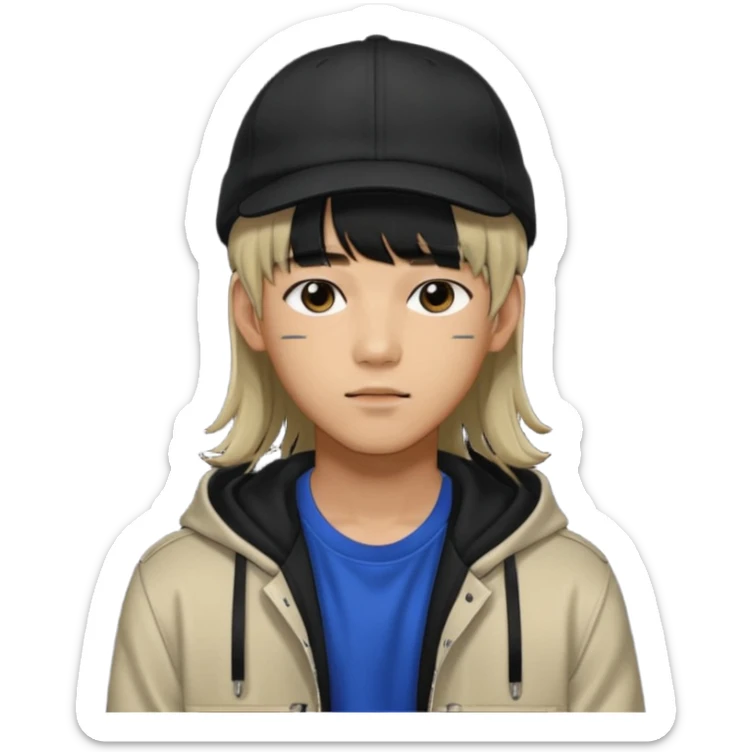 Portrait of a male K-pop idol, wearing a stylish streetwear outfit with layered clothing, long hair with bangs, makeup, wearing a black cap sticker