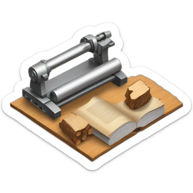 isometric BOOK with picture of wood logs, metal rods, fabric, cnc machine sticker