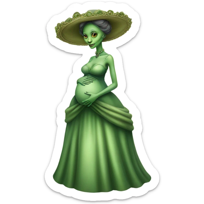 Pregnant green alien woman, full body, in victorian elegant dress sticker