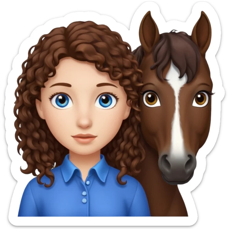 Girl with brown curly hair and blue eyes with an all dark brown horse that has straight hair sticker