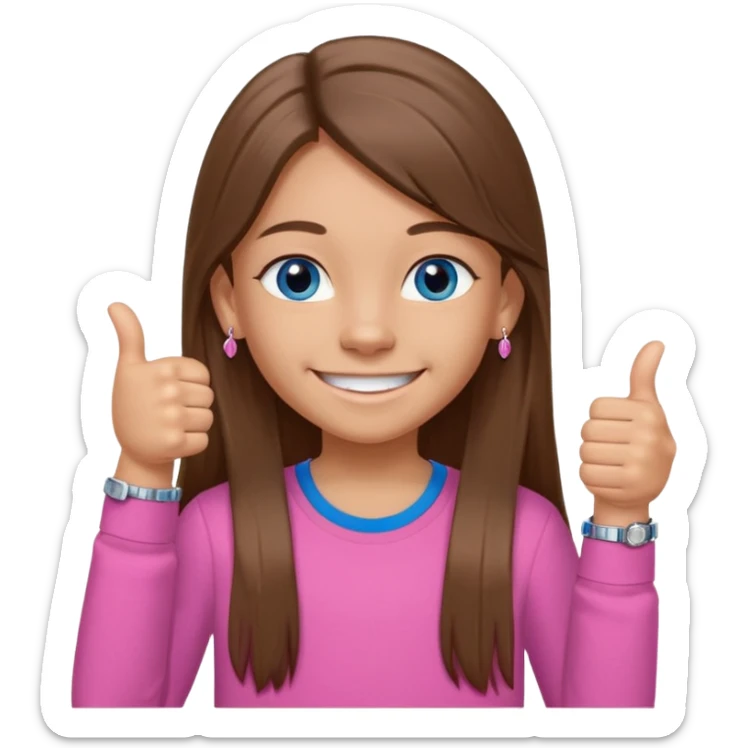 11 year old girl, blue eyes, brown long ish straight hair, smile and two thumbss up with STUD earings and a PINK shirt, and that you can see my whole body, and no teeth in my smile and NOooooooooooo watch bracelet thingy a little tanish skin but but not pale sticker