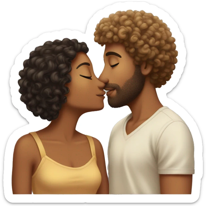 Tan guy with curly man bun giving curly fro tan girl a kiss sticker