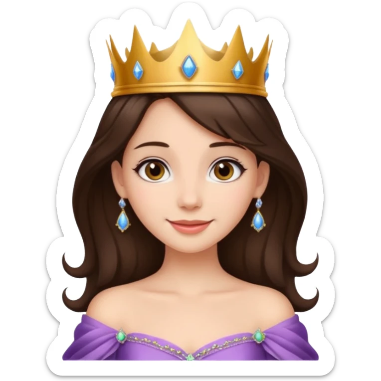a beautiful brunette hair princess, wear a crown, wearing a gown with elegant piercing and smile gently  sticker