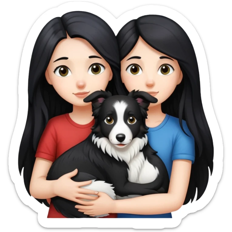 A white girl with long black  hair tightly hugged a Border Collie sticker