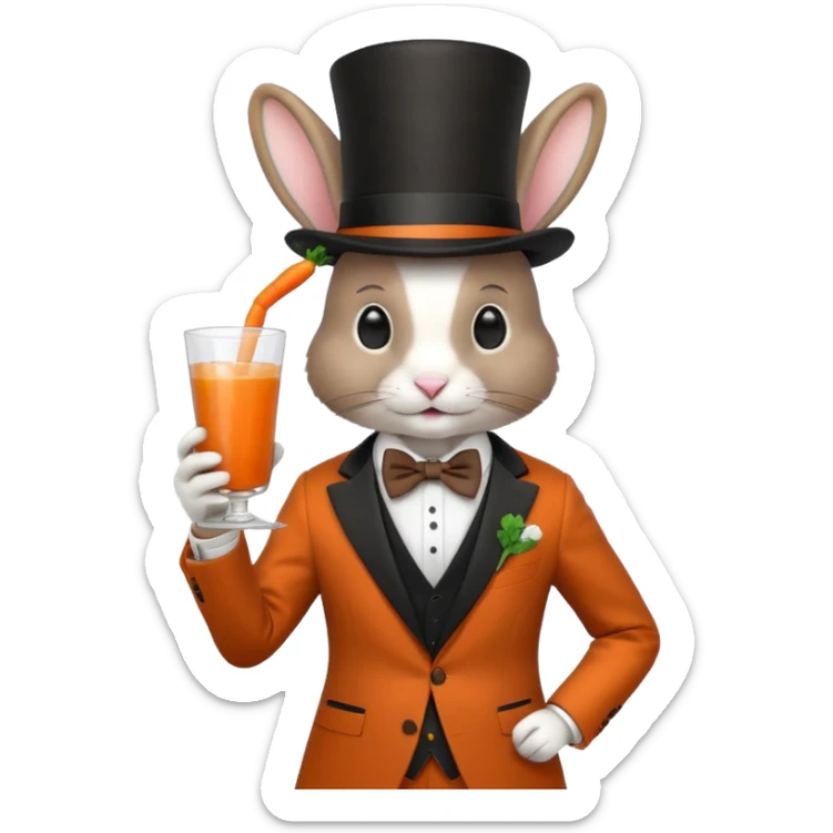 rabbit wearing suit, bowtie and top hat, holding glass of carrot juice sticker
