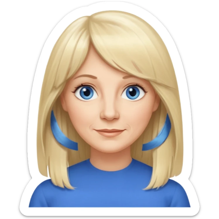50 yr old white woman, curtain bangs, very long straight blond hair, oval face, small smile, blue eyes, thin face, hair down to elbows, round cheeks, pale sticker