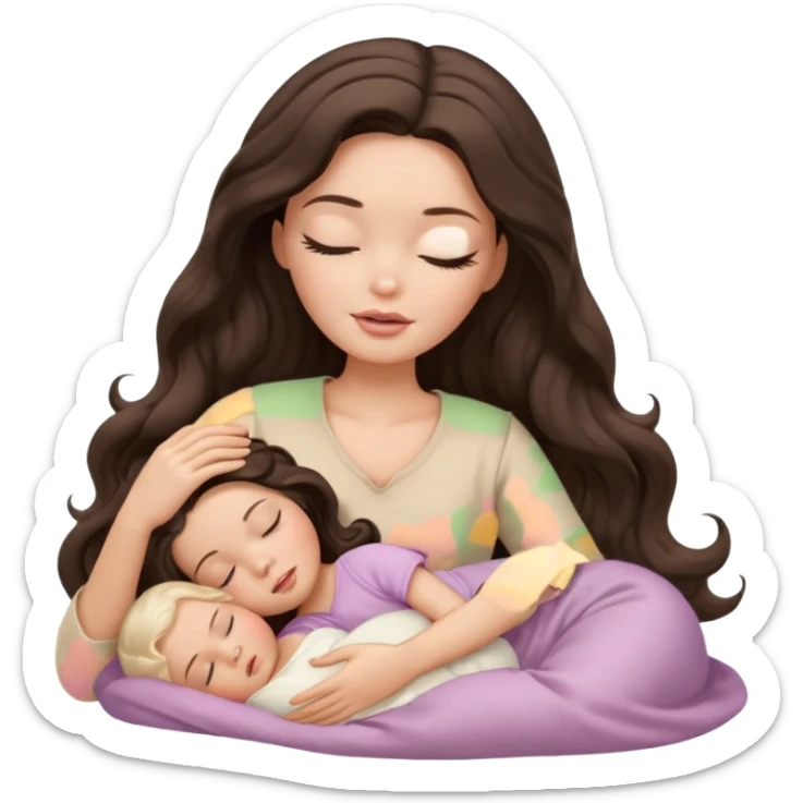 White Barbie girl dark brown long wavy hair in beige clothes sleeping with white baby at cream bed, eyes are closed sticker
