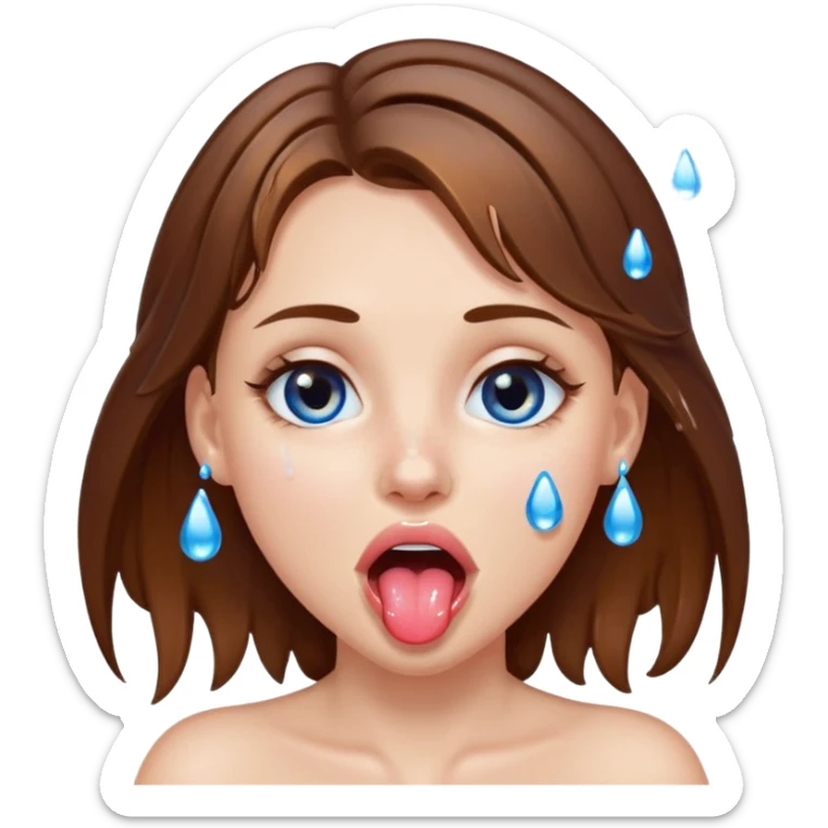 Girl with brown hair, blue eyes, a wet face and her tongue out. Can you make her face more wet? Can you add clear water droplets on her face and tongue? No water below her. Just on her face, hair and tongue. I like the first one in the top left corner. Can you do more variations of it sticker