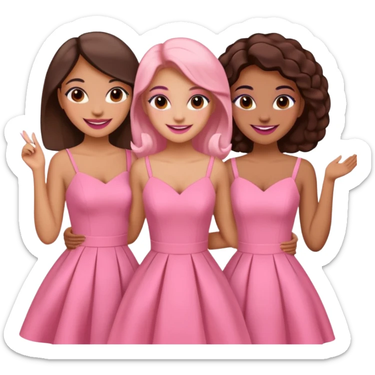 3 besties with professional glammed up looks wearing pink, medium skin tone smiling big sticker