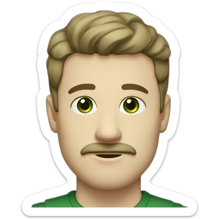 white man with moustache with a gap in the middle, dark brown straight hair fringe, forest green coloured eyes sticker