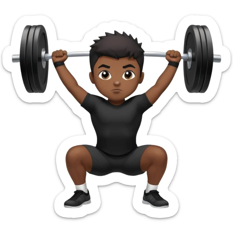 A boy with dark skin, black color front spike hair and wearing a black shirt is doing an overhead squat with a lot of weight on the barbell sticker