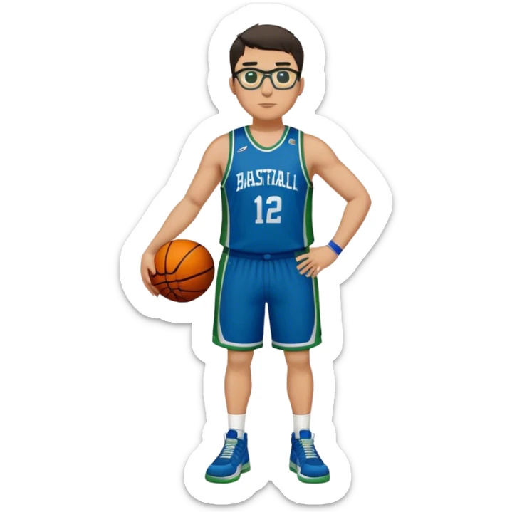 Full Body plus size tall white male with dark short hair basketball player wearing glasses wearing blue  with green uniform sticker