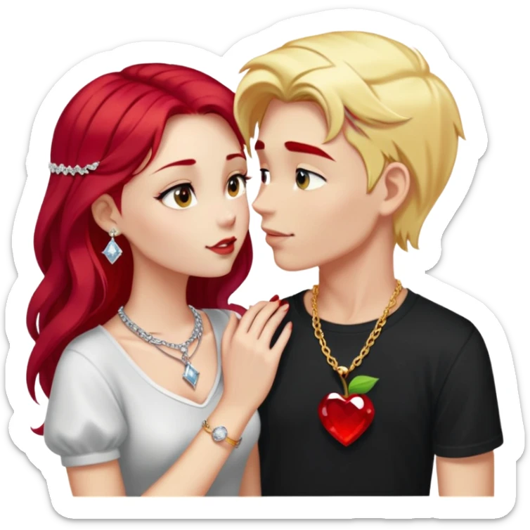 young couple kissing, girl with long cherry red hair and blonde eyebrows, gold A necklace, diamond ring, red bracelet, light clothes, boy with SHORT SNOW WHITE hair, silver ring with black stone, dark t-shirt sticker