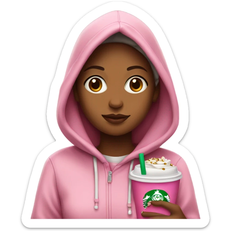 girl in hoodie with jewelry with pink starbucks sticker