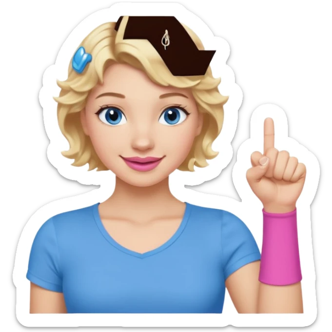 Girl Blonde short wavy hair,  blue eyes, cute blue top, long lashes, pink lips, smiling, fist bump sticker