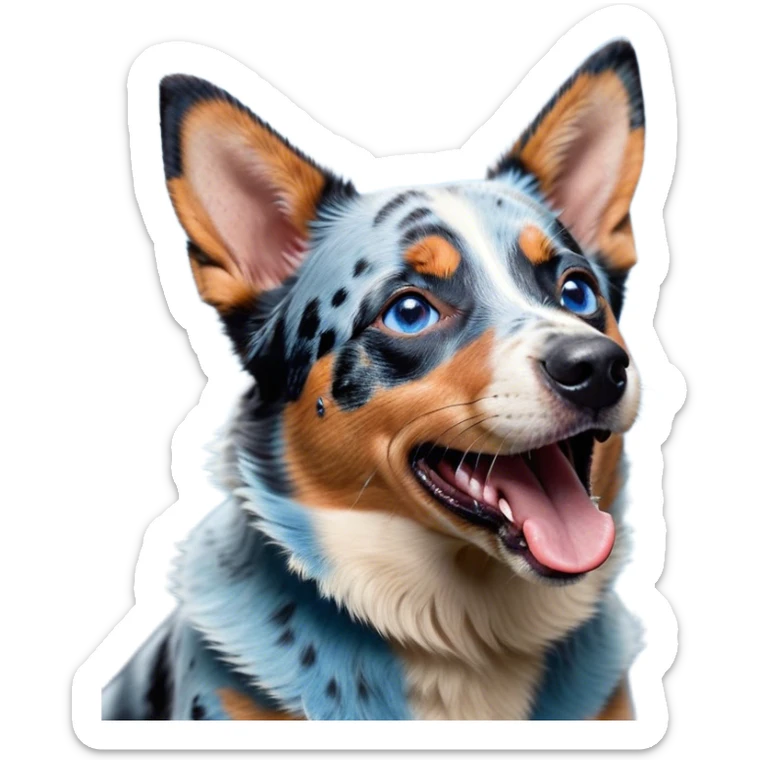 Cinematic Cute Yawning Blue Speckle Australian Cattle Dog Portrait Emoji, Head tilted slightly with a dramatic, wide-open yawn, showcasing a sleek blue speckle Fur with distinct markings, floppy ears slightly drooping, round blue eyes barely open in drowsy contentment, Simplified yet irresistibly adorable features, highly detailed, glowing with a soft, cozy glow, high shine, relaxed yet expressive, stylized with a touch of whimsy, bright and endearing, soft glowing outline, capturing the essence of a sleepy yet affectionate herder, so drowsy it feels like it could stretch out of the screen and curl up for a nap! sticker