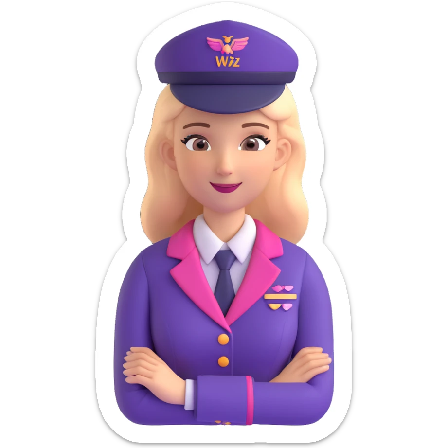 Wizz Air stewardess wearing uniform in Wizz Air signature pink and purple colors, friendly expression, airline style sticker